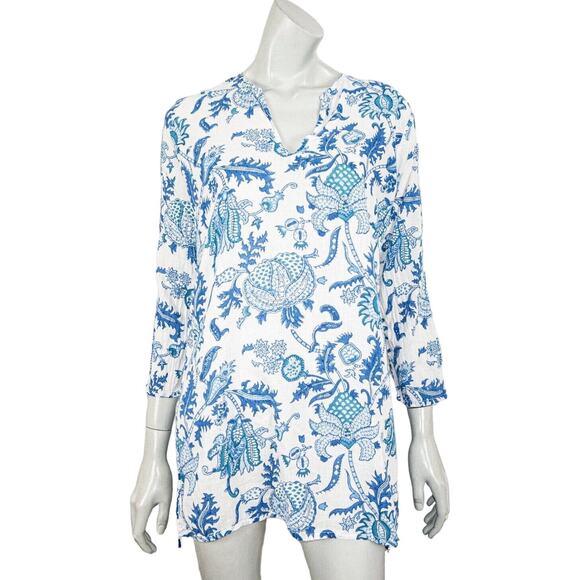 Roberta Roller Rabbit Vneck Tunic Blouse Cotton Blue Floral Print Size M - Picture 1 of 9